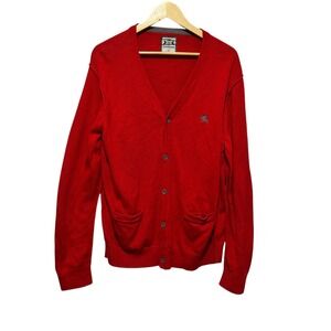 Express Men Cardigan L Red Cotton V Neck Button Front Lion Crest Preppy Layering